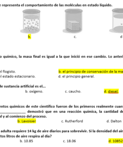 Examenes de Química 6 Hoja de ejercicios de ciencias en español con diagramas y preguntas de opción múltiple sobre los estados de la materia, los cambios químicos, científicos famosos y un cálculo de la densidad. Las respuestas seleccionadas aparecen resaltadas en amarillo.
