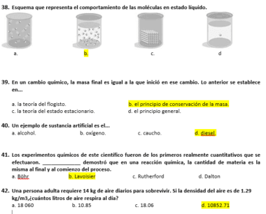 Hoja de ejercicios de ciencias en español con diagramas y preguntas de opción múltiple sobre los estados de la materia, los cambios químicos, científicos famosos y un cálculo de la densidad. Las respuestas seleccionadas aparecen resaltadas en amarillo.