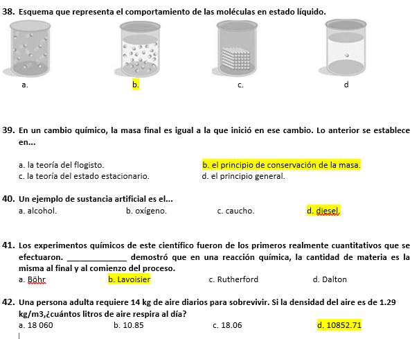 Examenes de Química 3 Hoja de ejercicios de ciencias en español con diagramas y preguntas de opción múltiple sobre los estados de la materia, los cambios químicos, científicos famosos y un cálculo de la densidad. Las respuestas seleccionadas aparecen resaltadas en amarillo.