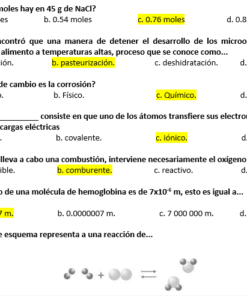 Examenes de Química 7 Hoja de ejercicios de ciencias en español con preguntas de opción múltiple. Las respuestas están resaltadas en amarillo e incluyen valores como