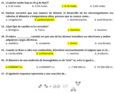 Hoja de ejercicios de ciencias en español con preguntas de opción múltiple. Las respuestas están resaltadas en amarillo e incluyen valores como "0,76 moles", "b. pasteurización", "c. Químico", "b. comburente" y "a. 0,0000007 m". En la parte inferior aparece una imagen de moléculas.