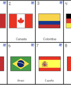 Ocho casillas muestran banderas nacionales con etiquetas: 1 México, 2 Canadá, 3 Colombia, 4 Alemania, 5 Francia, 6 Brasil, 7 España, 8 Perú. Cada cuadrado muestra la bandera y el nombre del país.