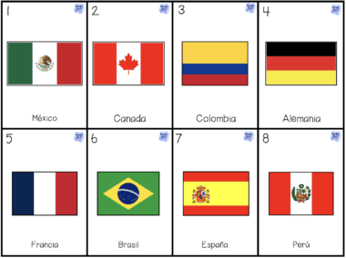 Ocho casillas muestran banderas nacionales con etiquetas: 1 México, 2 Canadá, 3 Colombia, 4 Alemania, 5 Francia, 6 Brasil, 7 España, 8 Perú. Cada cuadrado muestra la bandera y el nombre del país.