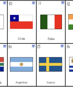 Ocho tarjetas rectangulares con las banderas y los nombres (en español) de varios países: Japón, Chile, Italia, India, Sudáfrica, Argentina, Suecia y Uruguay, numeradas del 9 al 16.