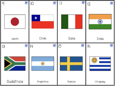 Ocho tarjetas rectangulares con las banderas y los nombres (en español) de varios países: Japón, Chile, Italia, India, Sudáfrica, Argentina, Suecia y Uruguay, numeradas del 9 al 16.