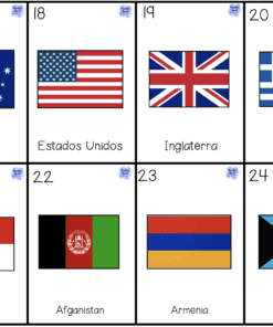 Ocho banderas rectangulares en dos filas. Países representados: Australia, Estados Unidos, Inglaterra, Grecia, Panamá, Afganistán, Armenia y Bahamas. Cada bandera está etiquetada con el nombre de su país y un número del 17 al 24.