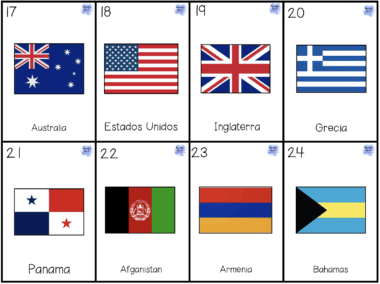 Ocho banderas rectangulares en dos filas. Países representados: Australia, Estados Unidos, Inglaterra, Grecia, Panamá, Afganistán, Armenia y Bahamas. Cada bandera está etiquetada con el nombre de su país y un número del 17 al 24.