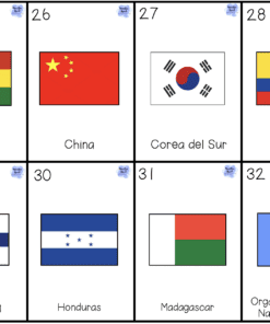 Ocho tarjetas con banderas y nombres de países en español: Bolivia, China, Corea del Sur, Ecuador, Finlandia, Honduras, Madagascar y Naciones Unidas. Cada tarjeta muestra una bandera, un número y el nombre de un país.