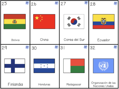 Ocho tarjetas con banderas y nombres de países en español: Bolivia, China, Corea del Sur, Ecuador, Finlandia, Honduras, Madagascar y Naciones Unidas. Cada tarjeta muestra una bandera, un número y el nombre de un país.