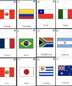 Una cuadrícula de 18 banderas de países con sus nombres debajo de cada una: México, Canadá, Colombia, Chile, Italia, India, Alemania, Francia, Brasil, Sudáfrica, Argentina, Suecia, España, Perú, Japón, Uruguay, Australia, Estados Unidos.