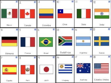 Una cuadrícula de 18 banderas de países con sus nombres debajo de cada una: México, Canadá, Colombia, Chile, Italia, India, Alemania, Francia, Brasil, Sudáfrica, Argentina, Suecia, España, Perú, Japón, Uruguay, Australia, Estados Unidos.