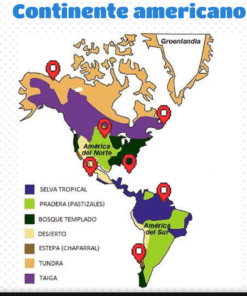 Mapa de América del Norte y del Sur que muestra diferentes biomas en varios colores: bosque tropical, pradera, bosque templado, desierto, estepa, tundra y taiga. Los marcadores rojos del mapa resaltan las distintas regiones. Texto en español.