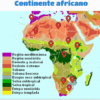 Biomas del Mundo 12 Colorido mapa de África que muestra zonas climáticas como la mediterránea, la semiárida, el desierto, la sabana, diversos bosques y estepas, con marcadores rojos de localización en las distintas regiones.