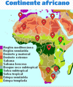 Colorido mapa de África que muestra zonas climáticas como la mediterránea, la semiárida, el desierto, la sabana, diversos bosques y estepas, con marcadores rojos de localización en las distintas regiones.