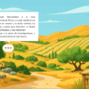 Biomas del Mundo 13 Ilustración de un alegre explorador en el paisaje mediterráneo del norte de África, con colinas, árboles y campos cultivados bajo un cielo azul. Un globo de diálogo da la bienvenida a los exploradores y explica la región. Un cartel reza