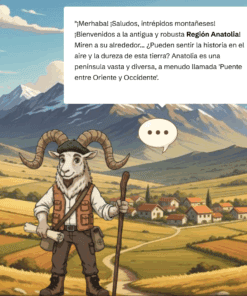 Una cabra de dibujos animados con equipo de senderismo frente a un pueblo rural con montañas al fondo. Un globo de diálogo da la bienvenida a Anatolia, y a la derecha se lee 