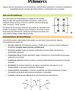 Infografía en español sobre los polímeros, explicando qué son, sus características y mostrando sus estructuras moleculares con diagramas y descripciones de texto en secciones verdes, naranjas y negras.