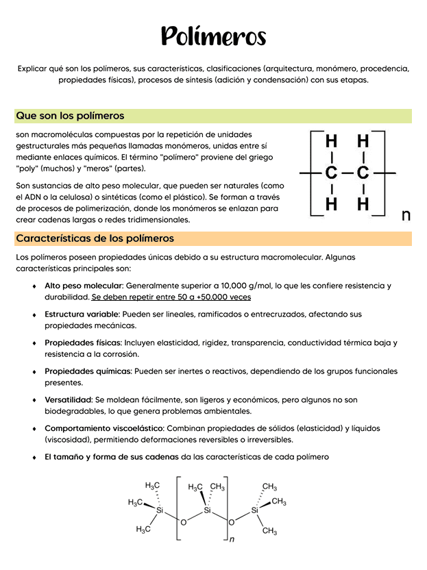 Polímeros 1 Infografía en español sobre los polímeros, explicando qué son, sus características y mostrando sus estructuras moleculares con diagramas y descripciones de texto en secciones verdes, naranjas y negras.
