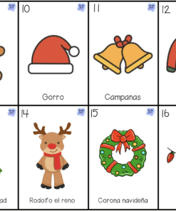 Una cuadrícula de seis objetos navideños ilustrados con etiquetas en español: galleta de jengibre, gorro de Papá Noel, campanas, jersey de Navidad, árbol de Navidad, Rudolph el reno, corona y cuerdas de luces.