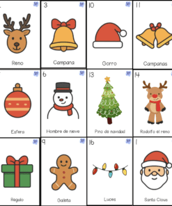 Una cuadrícula de 16 coloridas ilustraciones de temática navideña, cada una etiquetada en español. Las imágenes incluyen a Papá Noel, renos, campanas, gorros, jerséis, medias, adornos, muñecos de nieve, árboles, coronas, bastones de caramelo, regalos, galletas de jengibre, luces y mucho más.