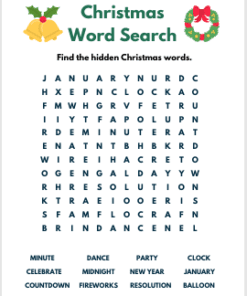 Una festiva sopa de letras navideña con adornos navideños en la parte superior. Debajo hay una cuadrícula de letras para encontrar palabras ocultas, y una lista de diez palabras para encontrar, incluyendo 