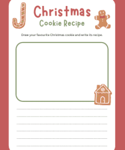 Página de plantilla de receta de galletas navideñas con ilustraciones de bastones de caramelo, hombres de jengibre y casas de jengibre, un recuadro en blanco para dibujar y líneas debajo para escribir la receta.