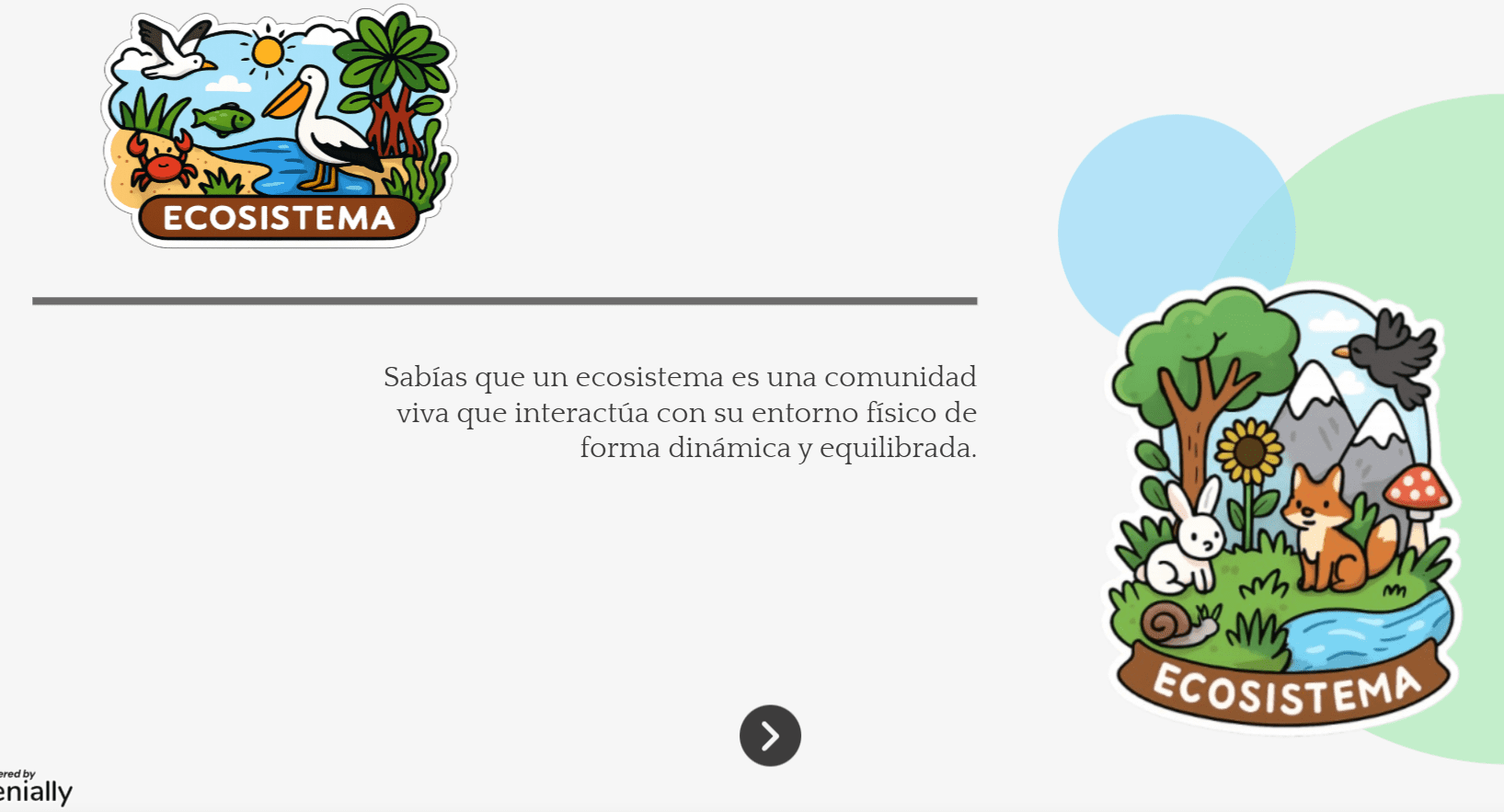 Historia Interactiva Ecosistemas del Ecuador 2 Dos coloridas ilustraciones tituladas "Ecosistema" muestran animales y plantas. El texto explica que un ecosistema es una comunidad viva que interactúa dinámicamente y en equilibrio con su entorno físico.