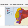 Historia Interactiva Ecosistemas del Ecuador 6 Mapa de Ecuador señalando las regiones Costa, Sierra, Oriente y Galápagos con pinos rojos. A la izquierda, un dibujo de un guardaparques sonriente y el texto