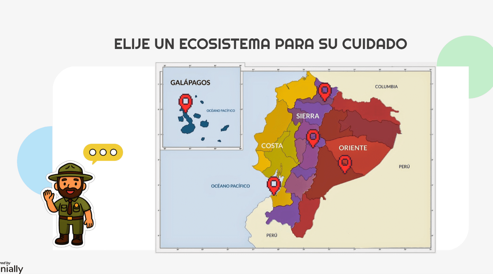 Historia Interactiva Ecosistemas del Ecuador 3 Mapa de Ecuador señalando las regiones Costa, Sierra, Oriente y Galápagos con pinos rojos. A la izquierda, un dibujo de un guardaparques sonriente y el texto "Elije un ecosistema para su cuidado".