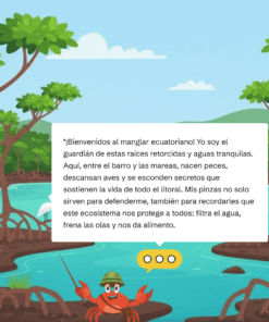 Historia Interactiva Ecosistemas del Ecuador 7 Ilustración de un alegre cangrejo con sombrero en un frondoso bosque de manglares con raíces sinuosas, árboles verdes y agua azul. Un bocadillo blanco contiene un mensaje de bienvenida que explica la importancia de los manglares.