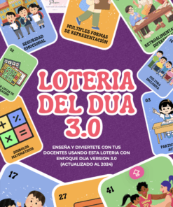 Ilustración colorida de la Lotería del DUA 3.0 con docentes y estudiantes participando en actividades inclusivas, cartas con conceptos del Diseño Universal para el Aprendizaje y un tablero central que destaca el aprendizaje colaborativo y la diversidad.