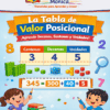 Colorido póster educativo que muestra "La Tabla de Valor Posicional" con columnas para centenas, decenas y unidades. Con números, imágenes matemáticas, lápices, libros y dos niños con lápices en la mano, sonriendo y aprendiendo.