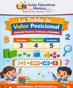 Colorido póster educativo que muestra "La Tabla de Valor Posicional" con columnas para centenas, decenas y unidades. Con números, imágenes matemáticas, lápices, libros y dos niños con lápices en la mano, sonriendo y aprendiendo.