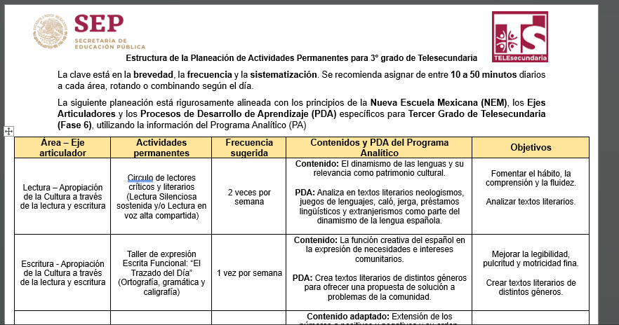 Estructura de la Planeación de Actividades Permanentes para 3° grado de Telesecundaria 1 Estructura de la Planeación de Actividades Permanentes para 3° grado de Telesecundaria