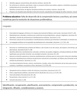 Un cuadro en español esboza un plan de estudios artísticos de secundaria. Detalla problemas, contenidos, competencias y procesos educativos, haciendo hincapié en la comprensión, las destrezas lingüísticas y la resolución de problemas mediante actividades artísticas.
