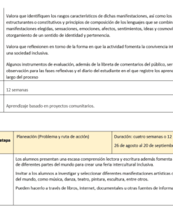 En un cuadro se esboza un plan educativo para el aprendizaje de idiomas, en el que se detallan los criterios de evaluación formativa, la duración de 12 semanas, la metodología y el primer paso: planificación e identificación de proyectos, con especial atención a la reflexión de los estudiantes y a las competencias interculturales.