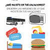 Una hoja de trabajo educativa titulada ACTIVIDAD "¿QUÉ HICISTE EN TUS VACACIONES?" con ilustraciones sencillas de un autobús, un televisor antiguo, entradas para el cine, una cama con un emoji durmiendo y una hamburguesa. Incluye espacios para el nombre del estudiante, fecha y actividad.