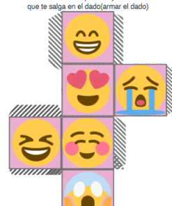 Imagen de un dado para dinámica de emociones con caras mostrando diferentes emociones: corazones en los ojos, llorando, sonrisa grande, sonriente y cara de sorpresa. Al lado, el texto pide describir una situación que se relaciona con el dado.
