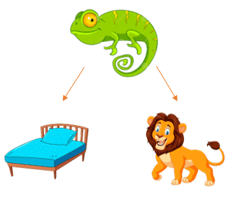 Ilustración que muestra un camaleón verde y un león sonriente, cada uno encima de imágenes de objetos no relacionados, una cama y una pelota, lo que indica una yuxtaposición humorística o educativa. Question Image