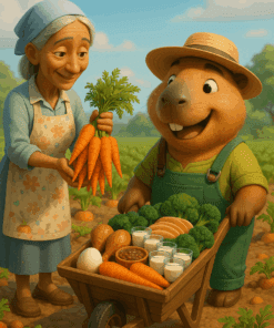 Capybara y granjera en el campo