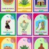 Lotería Oaxaca 4 Una colorida cuadrícula 3x3 de tarjetas ilustradas, cada una con iconos oaxaqueños: Caldo de Piedra, Agave Arroqueño, Panteón General, Guelaguetza, Tliiche, Hierve el Agua, Mitla, Agave Tepestate y Barro Rojo.