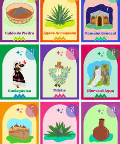 Una colorida cuadrícula 3x3 de tarjetas ilustradas, cada una con iconos oaxaqueños: Caldo de Piedra, Agave Arroqueño, Panteón General, Guelaguetza, Tliiche, Hierve el Agua, Mitla, Agave Tepestate y Barro Rojo.