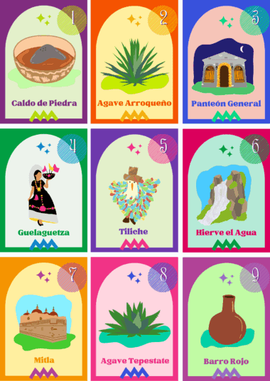 Una colorida cuadrícula 3x3 de tarjetas ilustradas, cada una con iconos oaxaqueños: Caldo de Piedra, Agave Arroqueño, Panteón General, Guelaguetza, Tliiche, Hierve el Agua, Mitla, Agave Tepestate y Barro Rojo.