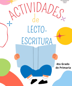 Portada en color titulada "Actividades de Lectoescritura" con una ilustración de un niño leyendo un libro grande. El texto indica que es para "4to Grado de Primaria" y tiene un espacio en blanco para el nombre del alumno.