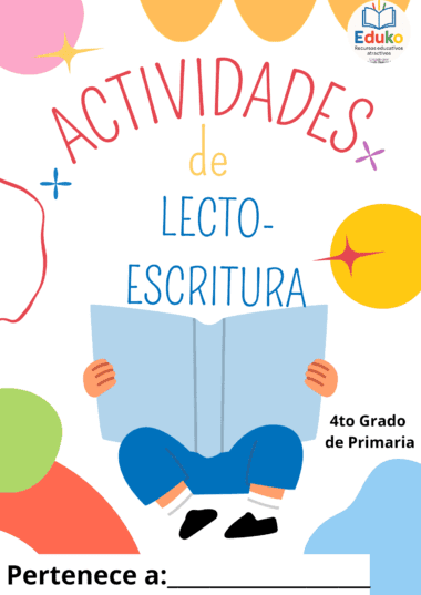 Portada en color titulada "Actividades de Lectoescritura" con una ilustración de un niño leyendo un libro grande. El texto indica que es para "4to Grado de Primaria" y tiene un espacio en blanco para el nombre del alumno.