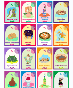 Un colorido tablero de Lotería de Oaxaca presenta 16 tarjetas ilustradas con alimentos, bebidas, artesanías y lugares emblemáticos de Oaxaca, cada uno etiquetado con nombres como 