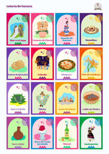 Un colorido tablero de Lotería de Oaxaca presenta 16 tarjetas ilustradas con alimentos, bebidas, artesanías y lugares emblemáticos de Oaxaca, cada uno etiquetado con nombres como "Hierve el Agua", "Canasta de Flores", "Mezcal" y "Guelaguetza".