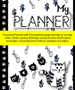 Una cubierta de agenda perpetua adornada con caprichosos Cuaderno de Tareas GATOS y diseños de huellas de patas, con secciones para Cuaderno de Tareas GATOS, planificación semanal, cumpleaños, exámenes y proyectos, con calendarios horizontales y verticales.