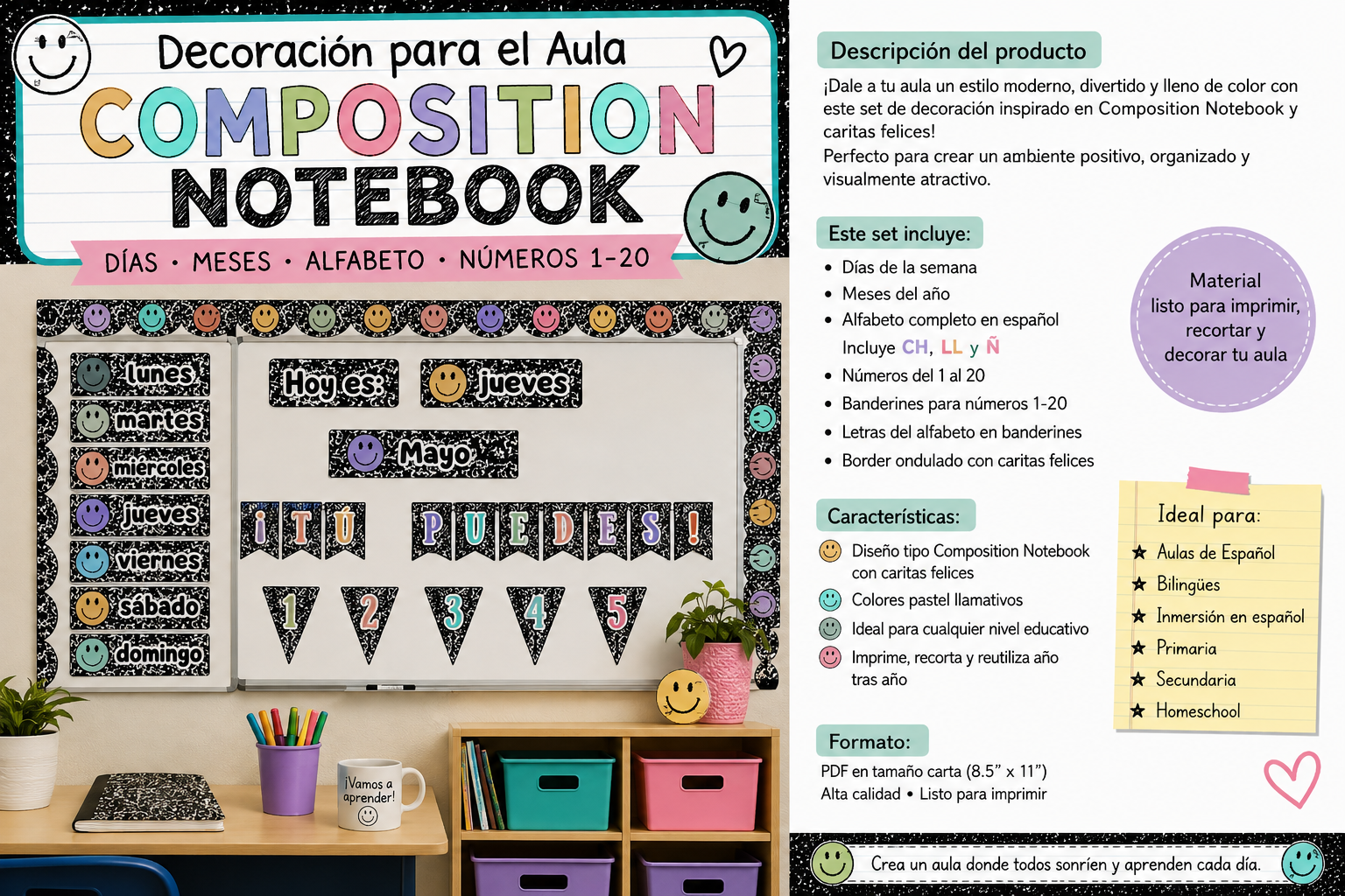 Decoración para el Aula en Español | Composition Notebook | Alfabeto, Números, Meses y Días de la Semana 1 Decoración para el Aula en Español | Composition Notebook | Alfabeto, Números, Meses y Días de la Semana