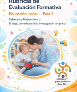 PAQUETE COMPLETO DE RÚBRICAS — EDUCACIÓN INICIAL | FASE 1 22 Una mujer y un bebé juegan juntos en el suelo, tocándose la frente y sonriendo. La imagen está rodeada de coloridos gráficos educativos y texto sobre rúbricas de evaluación formativa para educación infantil.